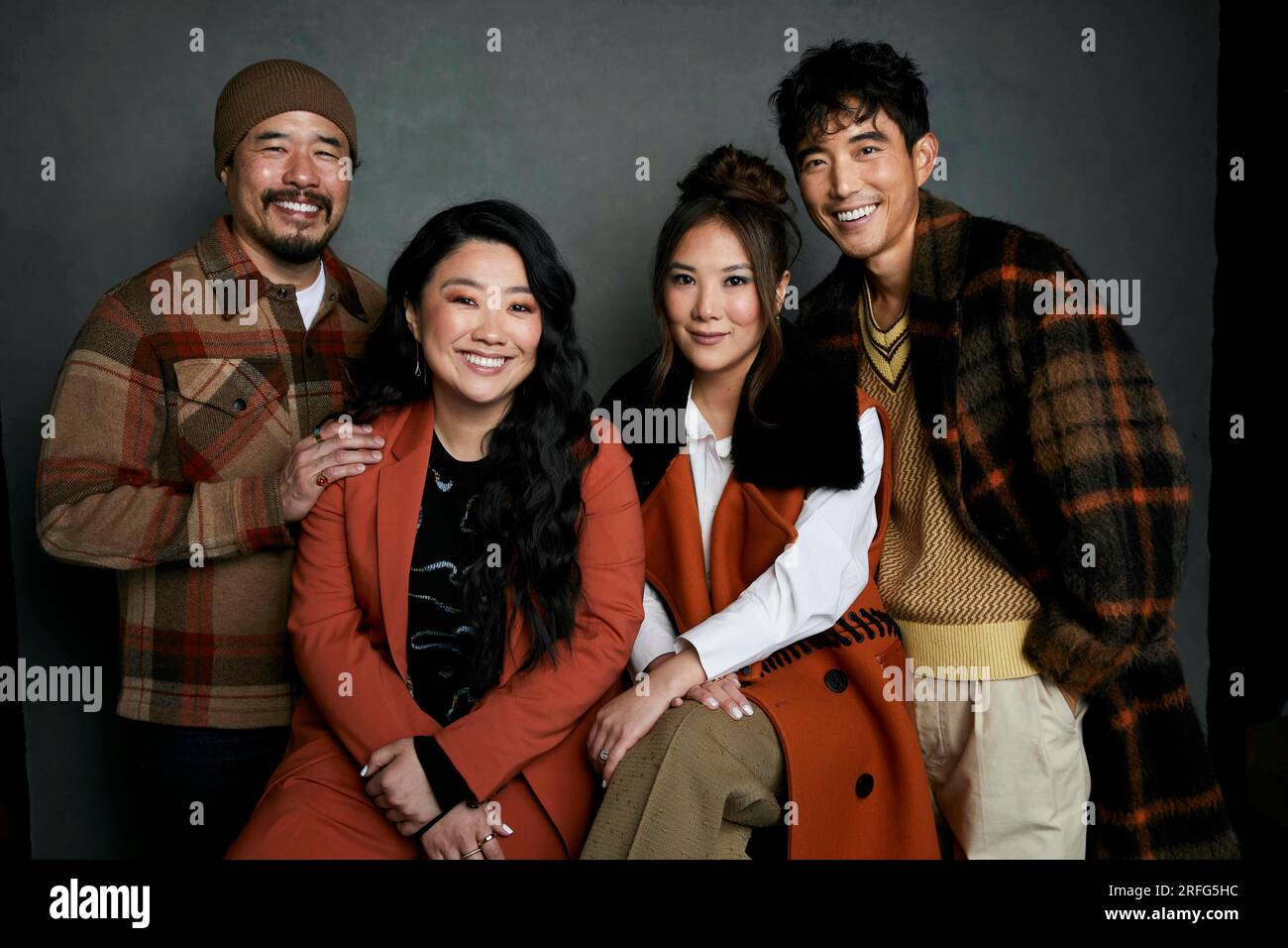 FILE - Director Randall Park, from left, Sherry Cola, Ally Maki, and Justin H. Min pose for a portrait to promote the film "Shortcomings" at the Latinx House during the Sundance Film Festival on Sunday, Jan. 22, 2023, in Park City, Utah. "Shortcomings" opens in theaters Friday. (Photo by Taylor Jewell/Invision/AP, File) Banque D'Images
