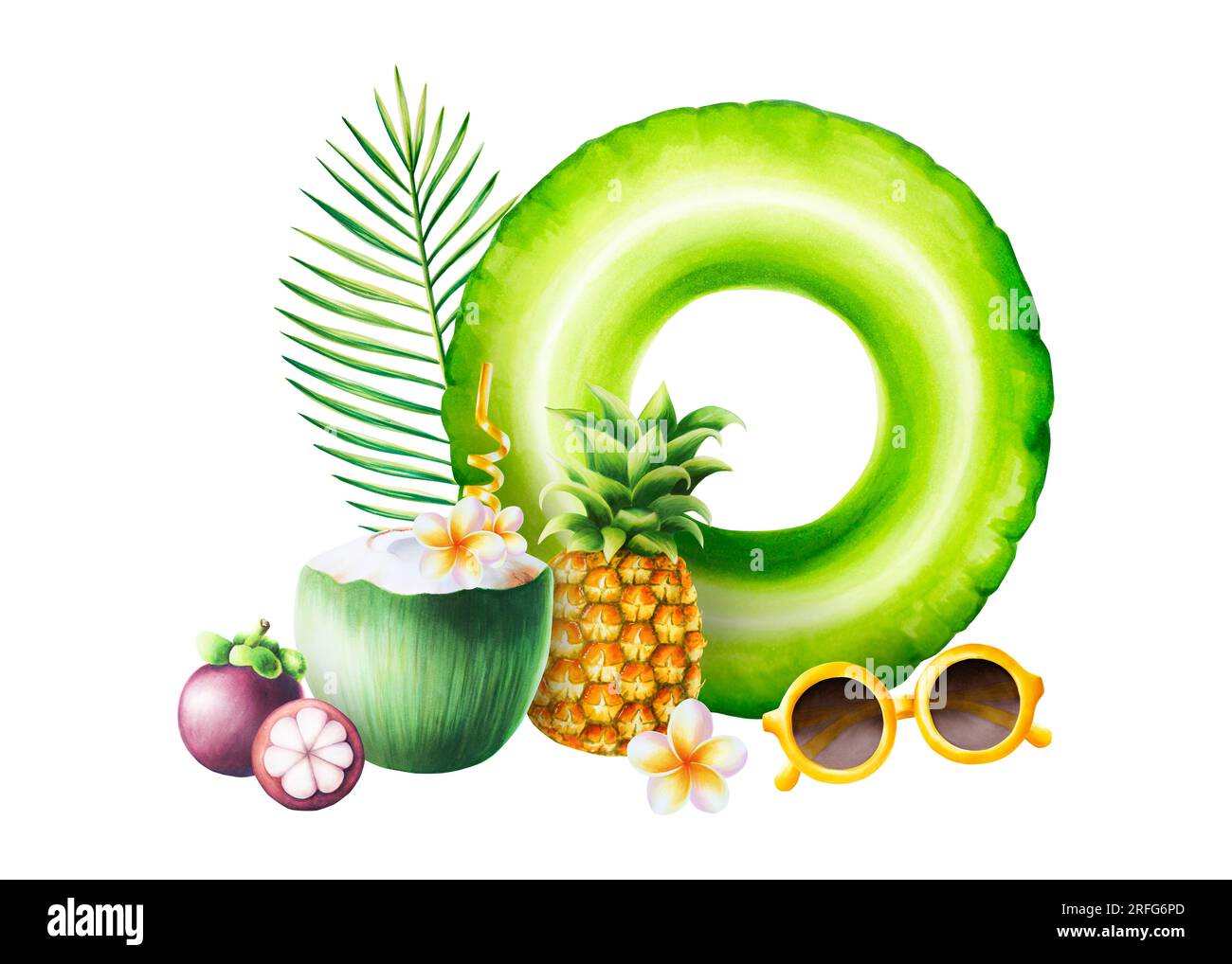 Composition de fruits à l'aquarelle avec ananas frais, mangoustans, lunettes de soleil, feuilles de palmier, noix de coco verte avec tube pour boissons, fleurs d'orchidées et frangi Banque D'Images