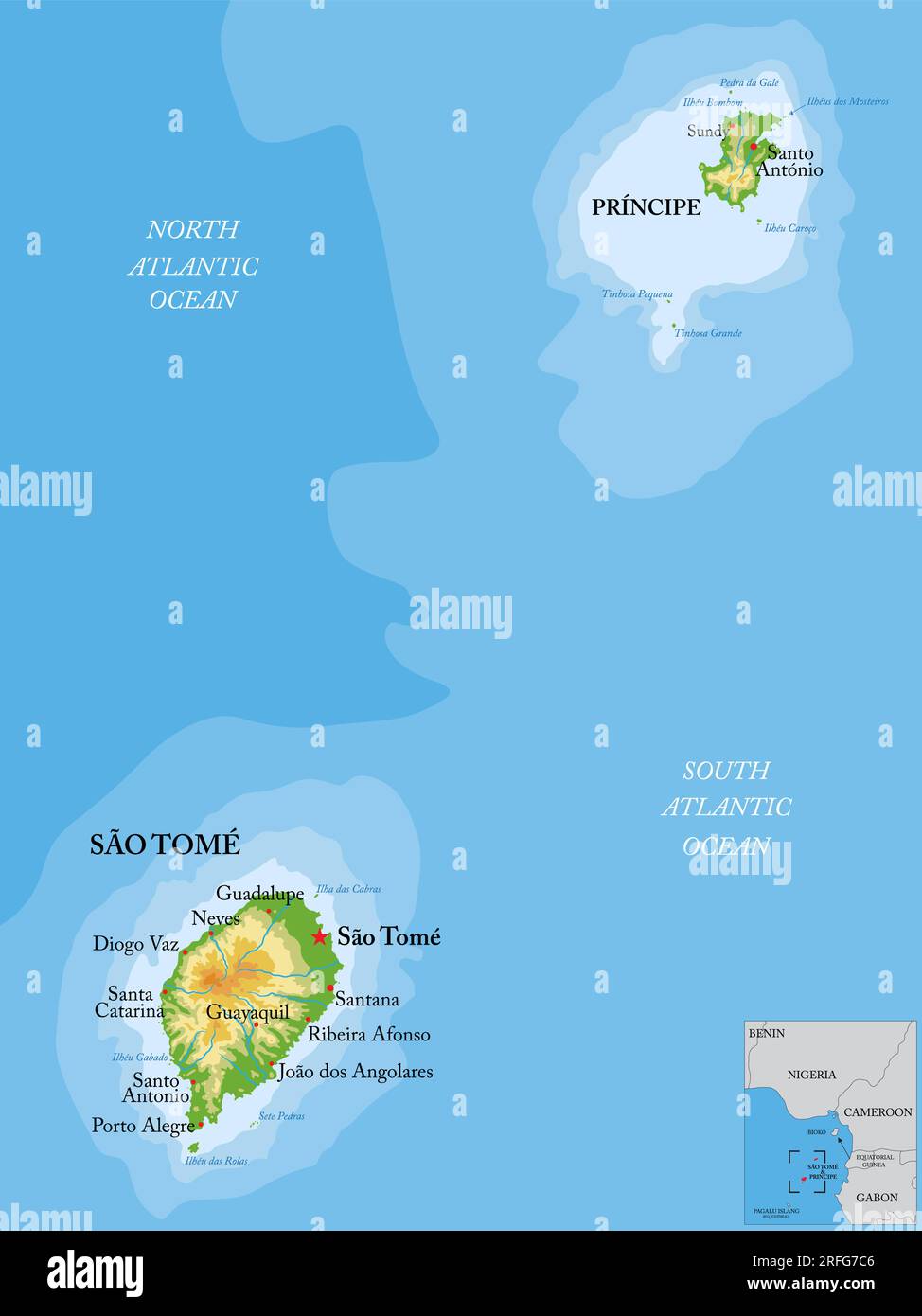 Carte physique très détaillée de São Tomé et Príncipe en format vectoriel, avec toutes les formes de relief, les régions et les grandes villes. Illustration de Vecteur