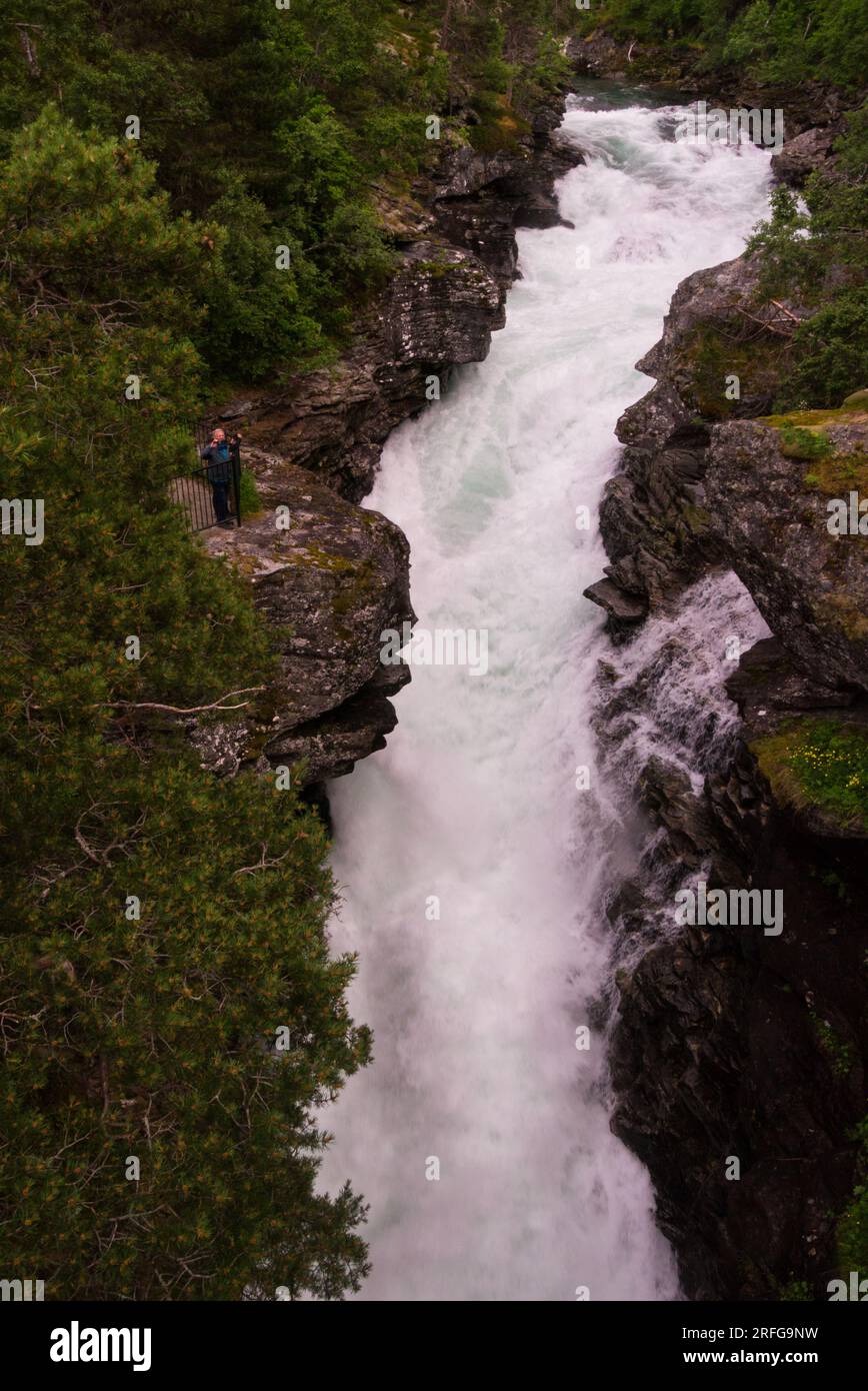 Vue vers le bas de la cascade sur la rivière Rauma dans la vallée de Romsdalen Municipalité de Rauma Møre og Romsdal comté Norvège Europe renommée rivière de pêche au saumon Banque D'Images