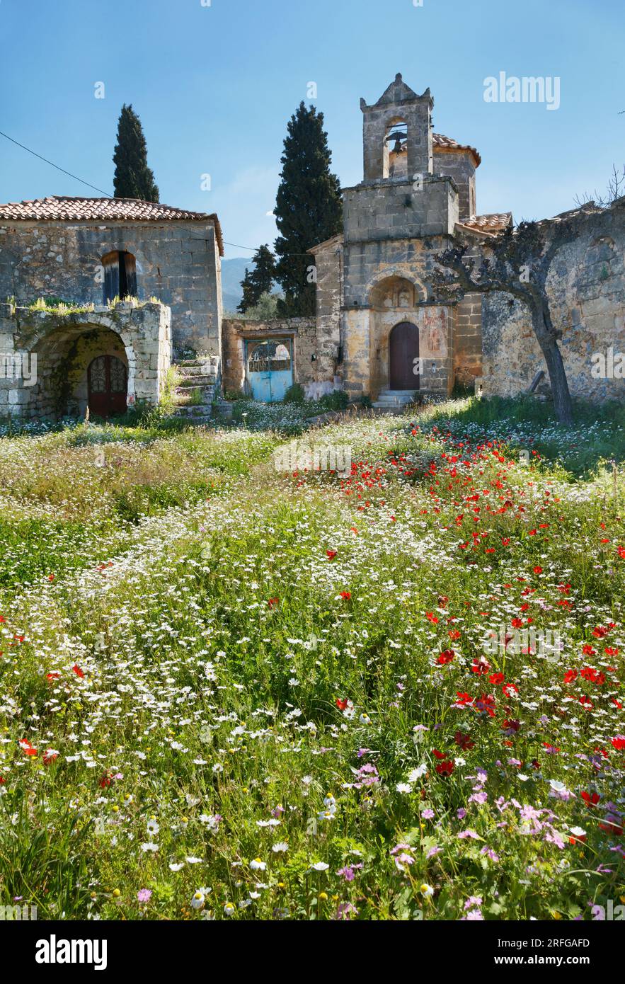Église dans le village de Petrovouni en Messénie en Grèce entourée de fleurs printanières Banque D'Images