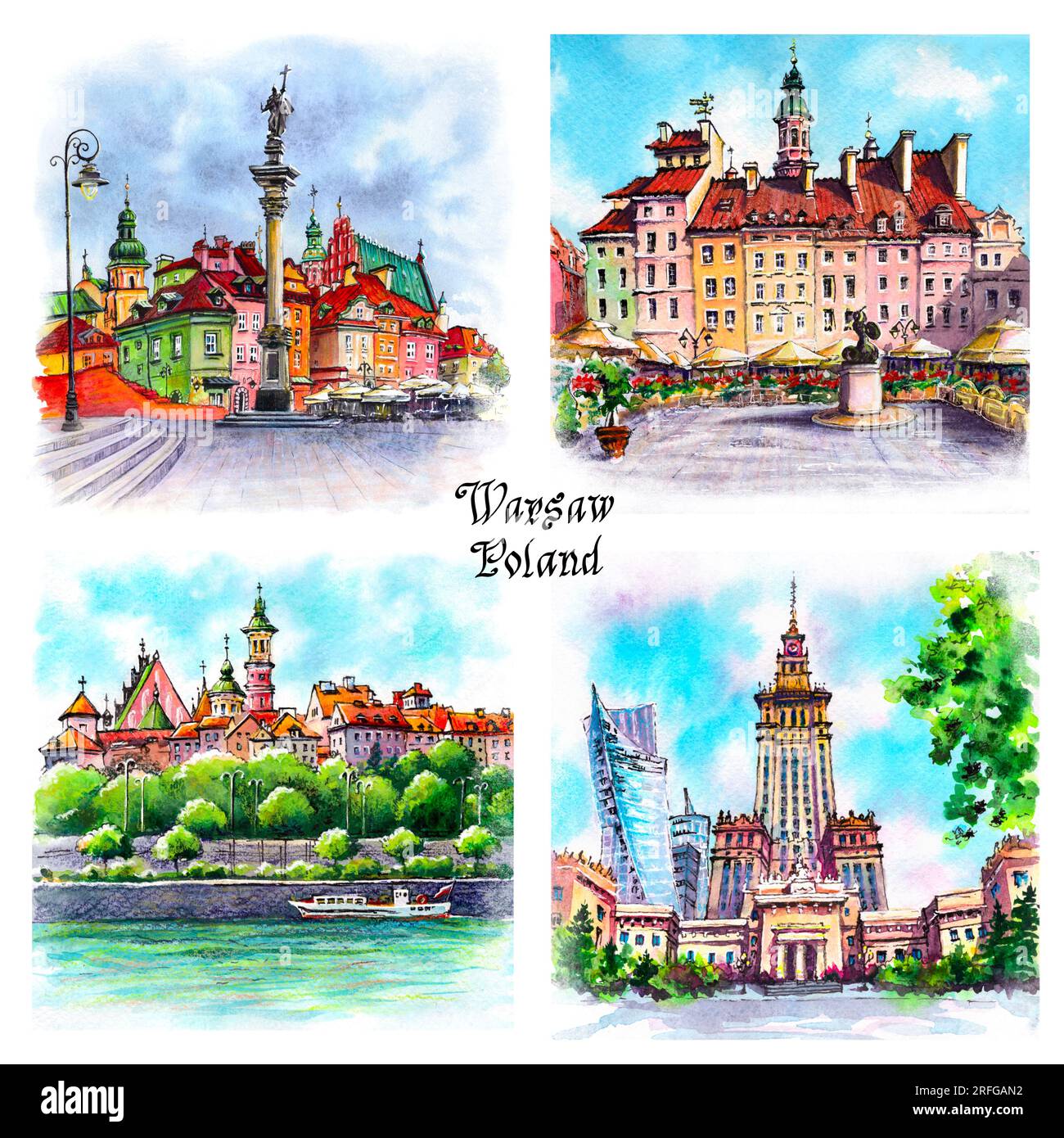 Ensemble de croquis d'aquarelle de Varsovie, Pologne. Banque D'Images