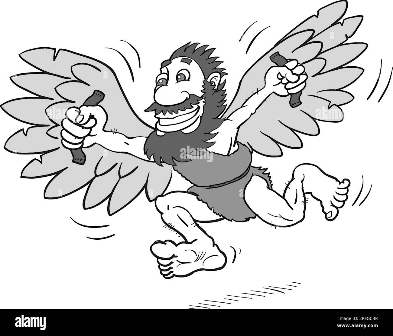 Art noir et blanc illustrant le mythe d'Icare, ici avec des ailes de plumes d'oiseau, idiome volant trop près du Soleil, preneur de risque, fierté vient avant une chute. Banque D'Images