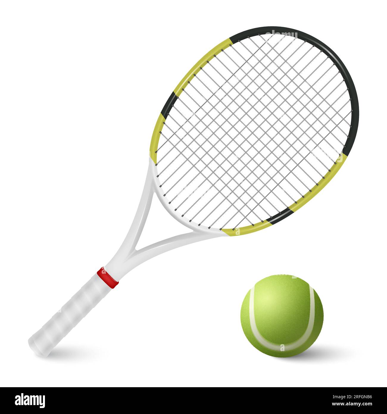 Vector 3d réaliste balle de tennis et raquette ensemble gros plan isolé sur fond blanc. Modèles de conception, équipement de sport de tennis Illustration de Vecteur