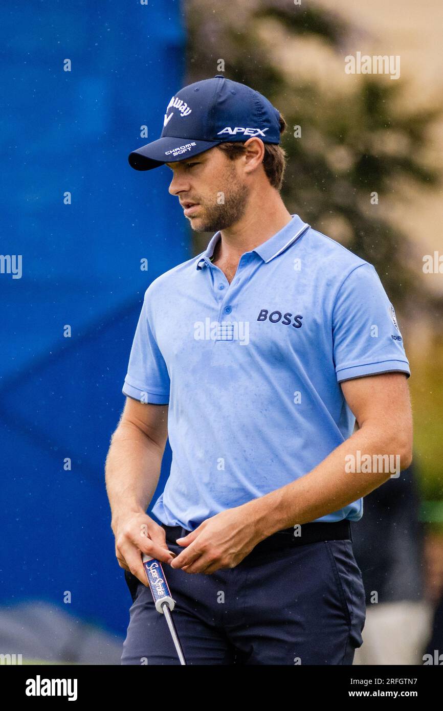 3 août 2023 : Thomas Detry sur le neuvième green lors de la première journée du championnat Wyndham 2023 au Sedgefield Country Club à Greensboro, NC. Scott Kinser/CSM Banque D'Images