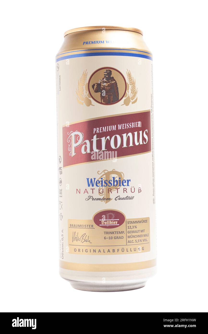 Moscou, Russie, 31 juillet 2023 : Patronus Premium Weissbier by Lidl Deutschland Beer in CAN. Banque D'Images