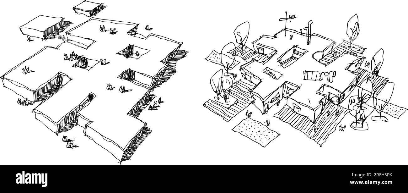 deux croquis dessinés à la main de l'architecture résidentielle abstraite moderne avec des gens, des arbres et des fenêtres Banque D'Images