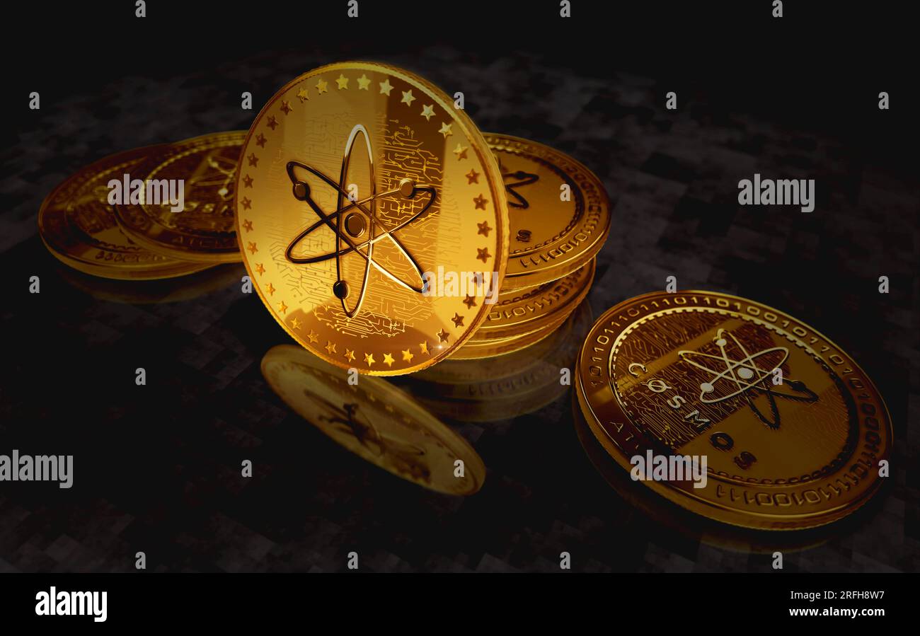 Pièce d'or COSMOS ATOM crypto-monnaie sur fond d'écran vert. Concept abstrait illustration 3D. Banque D'Images