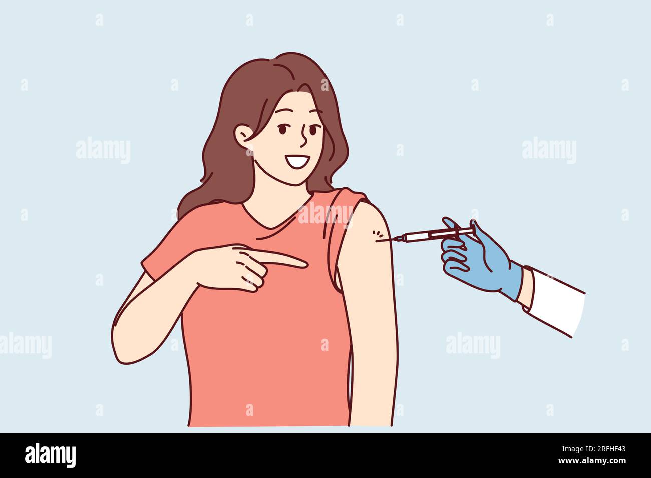 La femme reçoit une injection dans l'épaule en se faisant vacciner et pointe du doigt la seringue dans la main du médecin. Protection préventive contre la grippe ou la pandémie et vaccinée pour éviter l'infection par le virus Illustration de Vecteur