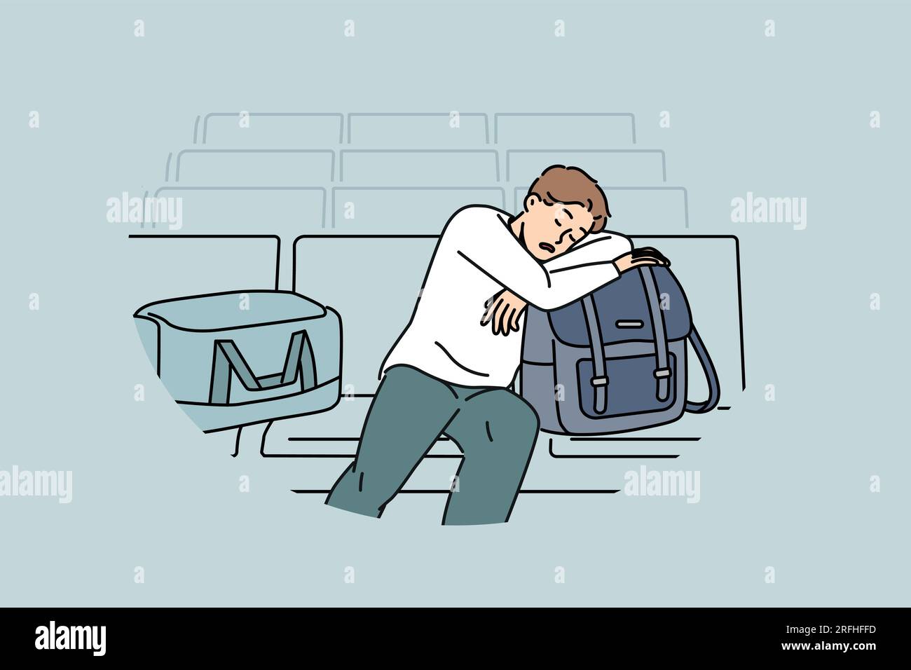 L'homme endormi est assis dans le salon à l'aéroport et attend l'arrivée de l'avion retardé en raison du mauvais temps. Passager fatigué de l'aéroport avec des sacs et des bagages en attente de vol et de voyage Illustration de Vecteur