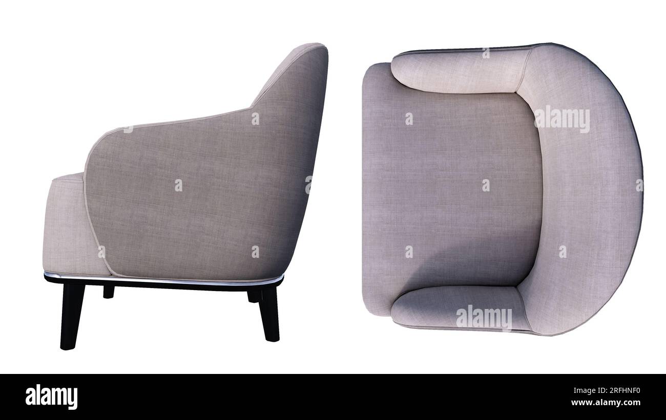 fauteuil gris simple avec fond blanc de style scandinave moderne, chaise avec vue latérale et de dessus Banque D'Images