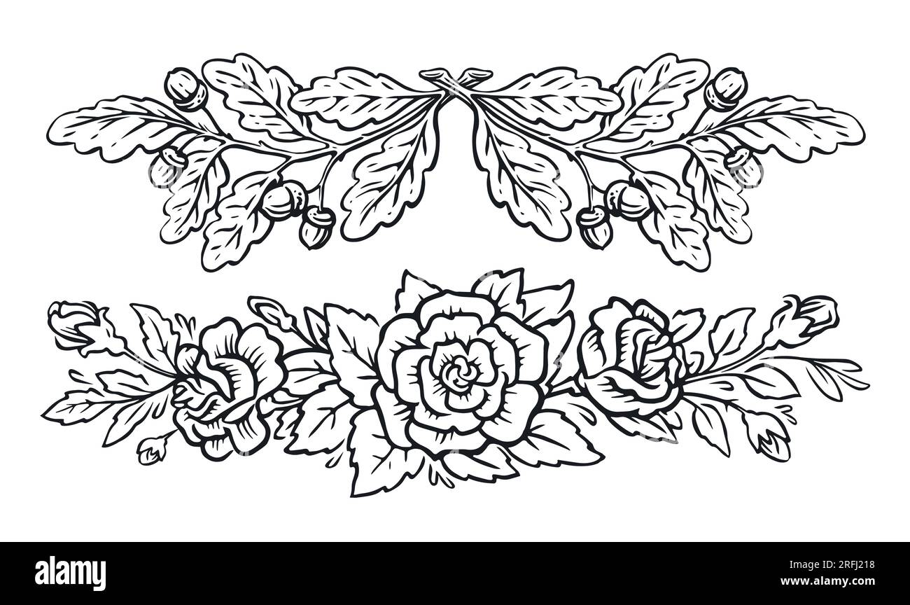 Bordure de cadre floral. Fleurs roses et branches de chêne avec glands et feuilles. Illustration vectorielle d'esquisse vintage Illustration de Vecteur