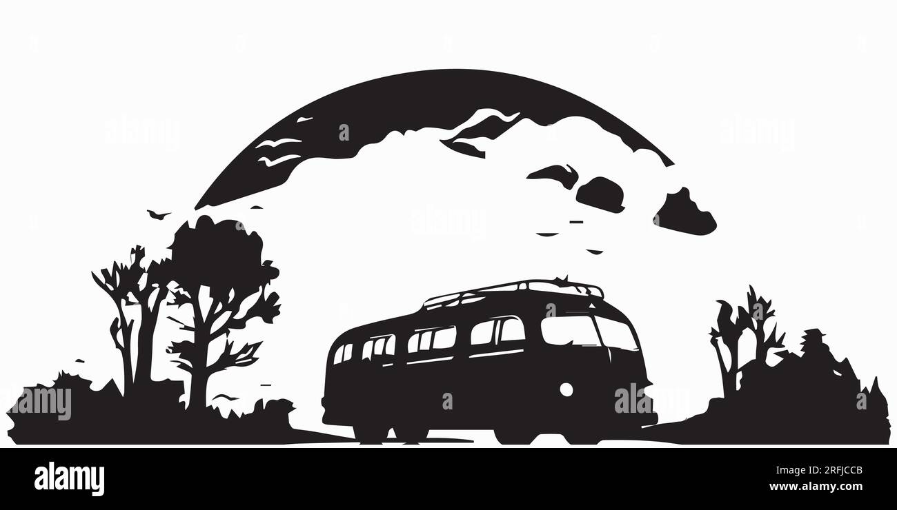 Un bus a passé une illustration vectorielle de silhouette de village Illustration de Vecteur