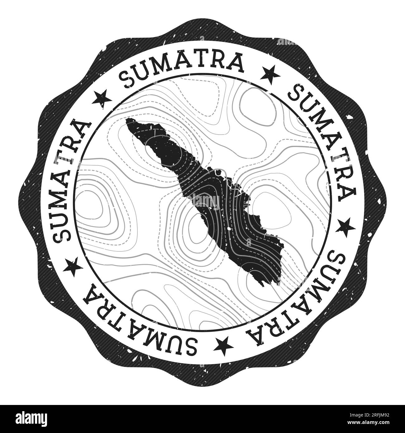 Timbre extérieur Sumatra. Autocollant rond avec carte de l'île avec isolines topographiques. Illustration vectorielle. Illustration de Vecteur
