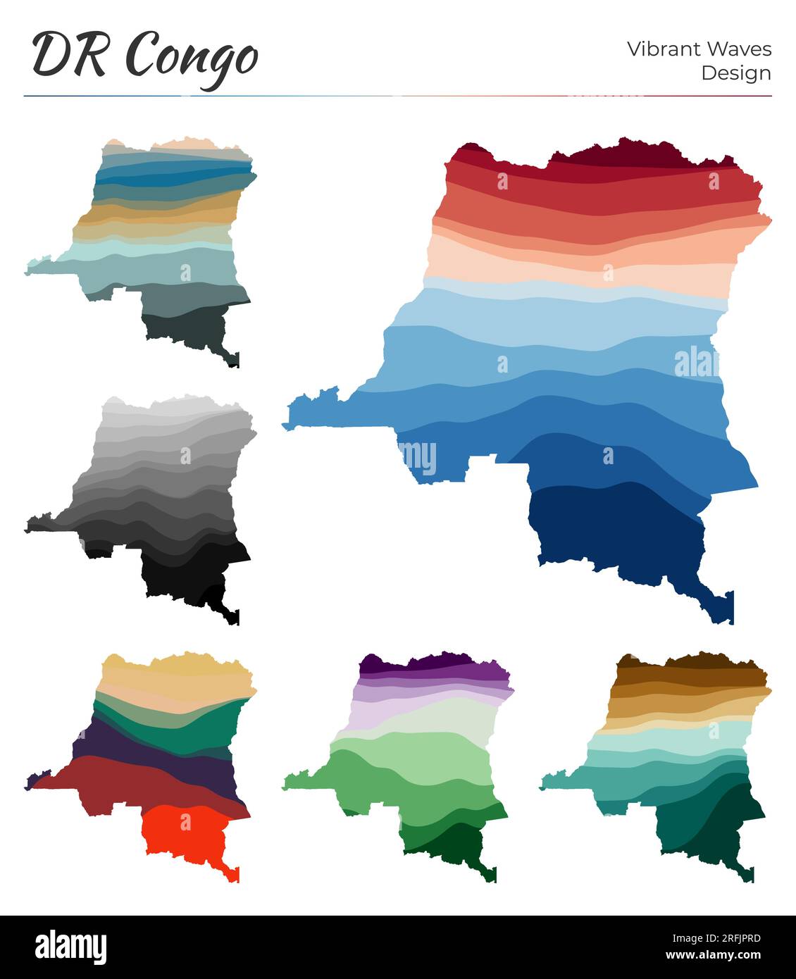 Ensemble de cartes vectorielles de la RD Congo. Motif vagues éclatantes. Carte lumineuse du pays dans le style des courbes lisses géométriques. Illustration de Vecteur