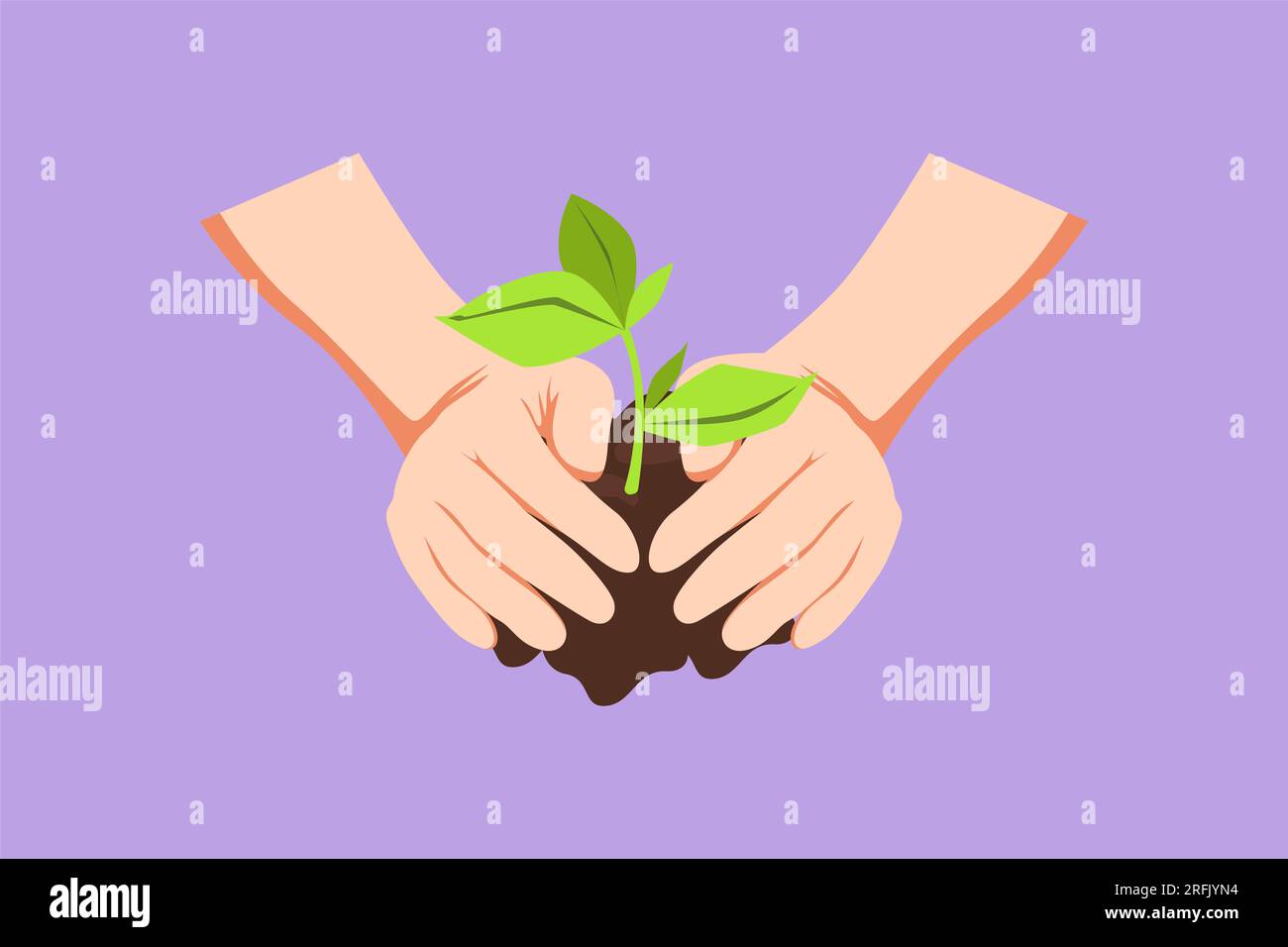 Conception plate graphique dessinant vue de face des mains de fermier grandissant jeune arbre, sauver le monde, guérir le monde, aimer la nature. Écologie arbre de gaufrage grandissant et pl Banque D'Images