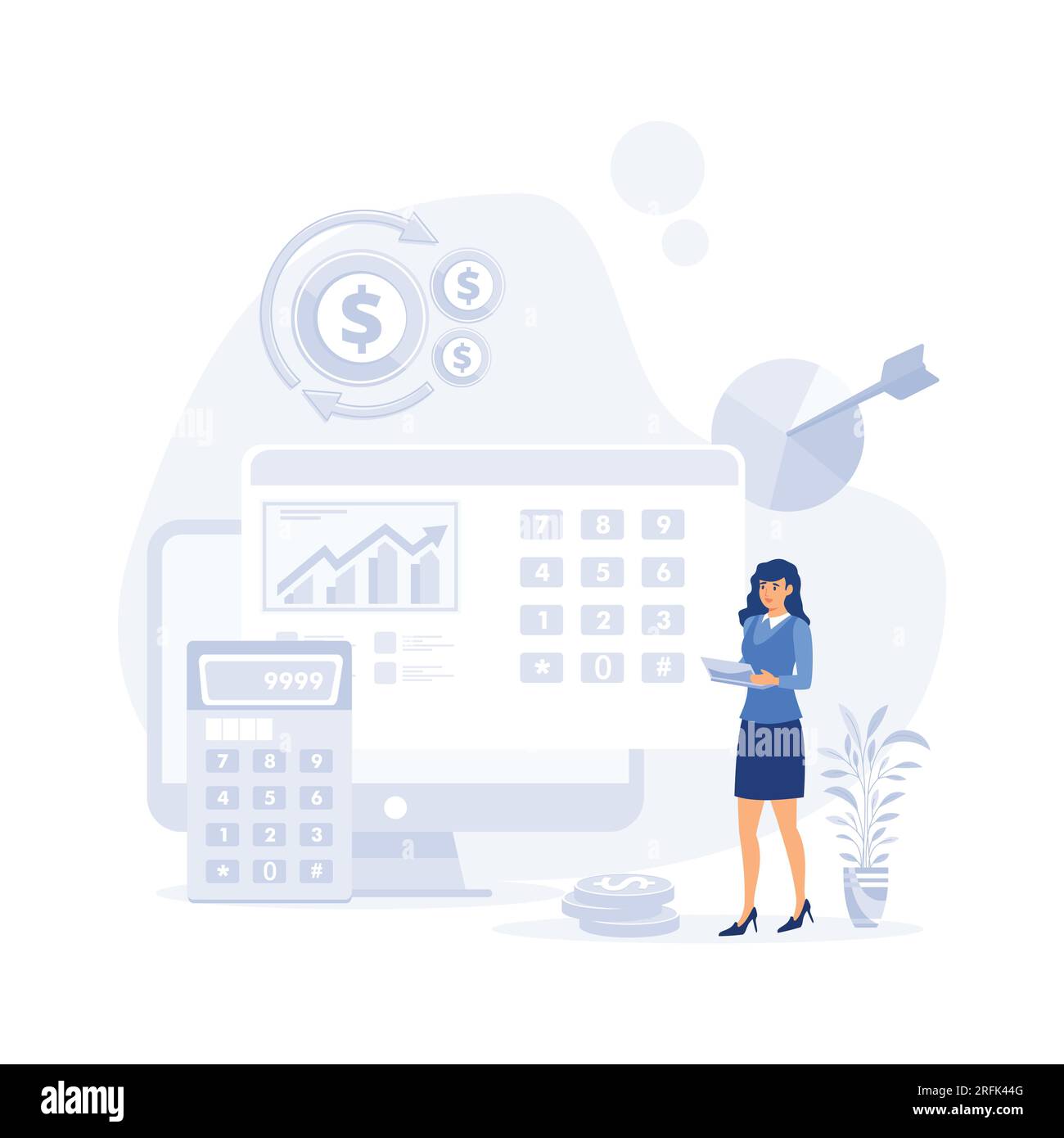 Logiciel de comptabilité avec feuille, formule, calculatrices. rapport comptable de l'entreprise par des comptables. illustration moderne vectorielle plate Illustration de Vecteur