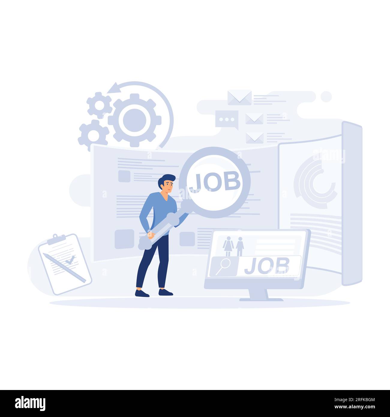 Trouver un emploi en ligne, caractère chômeur Rechercher des informations avec l'outil. illustration moderne vectorielle plate Illustration de Vecteur