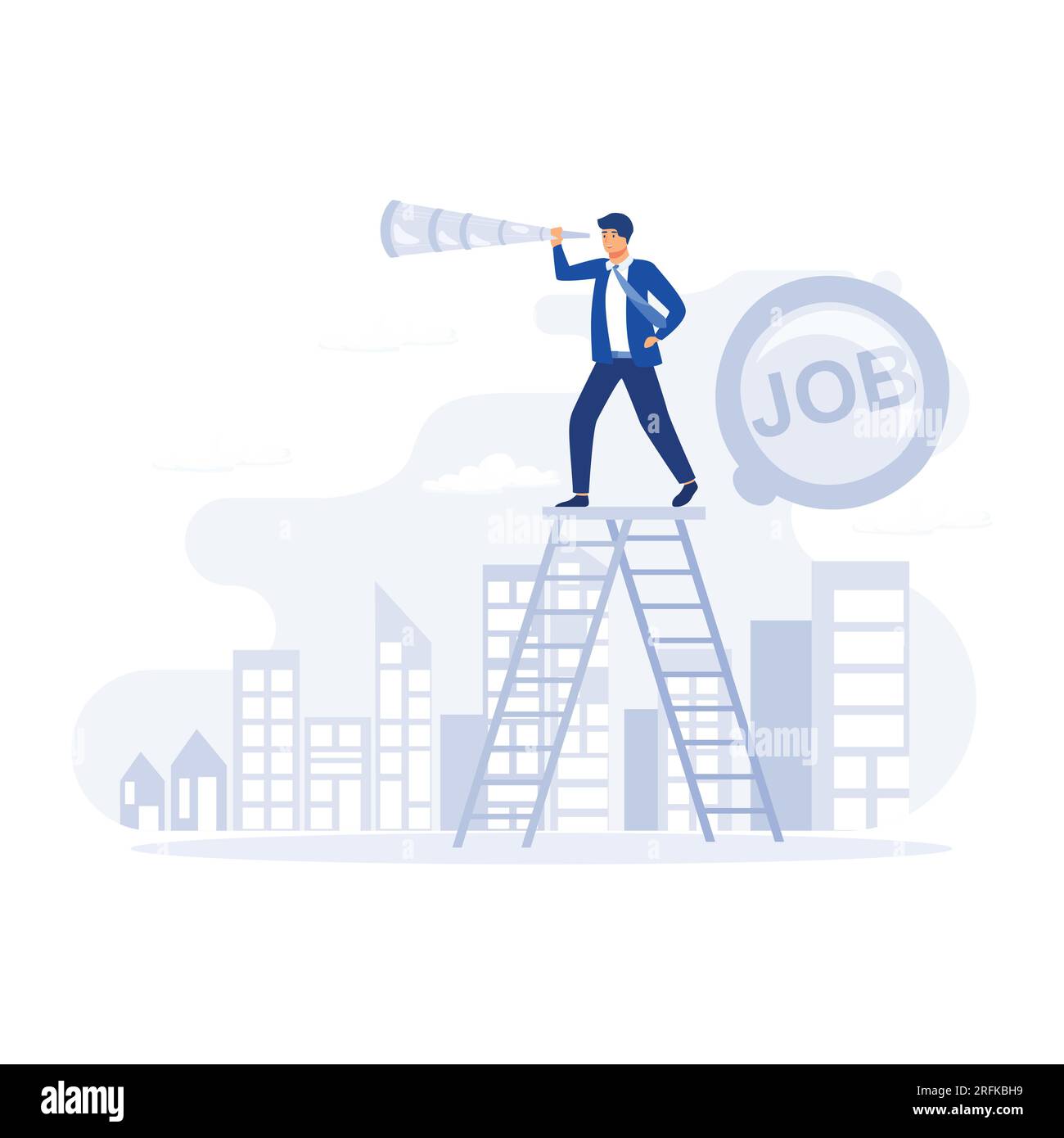 À la recherche d'un nouvel emploi, l'homme d'affaires grimpe une échelle sur la barre de recherche d'emploi avec binoculaire pour voir l'opportunité, illustration moderne vectorielle plate Illustration de Vecteur