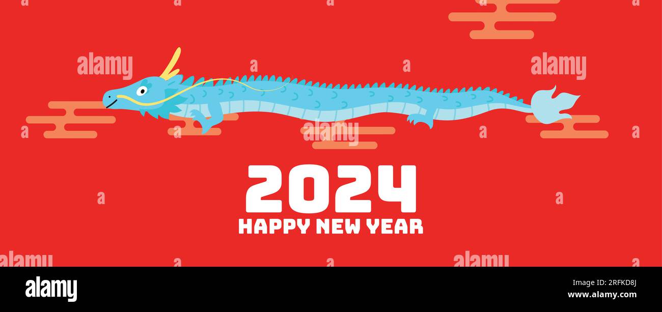 Carte du nouvel an 2024 dragon chinois volant. Joyeux nouvel an lunaire 2024 ou nouvel an chinois de la carte de dessin animé mignon dragon. Illustration de Vecteur