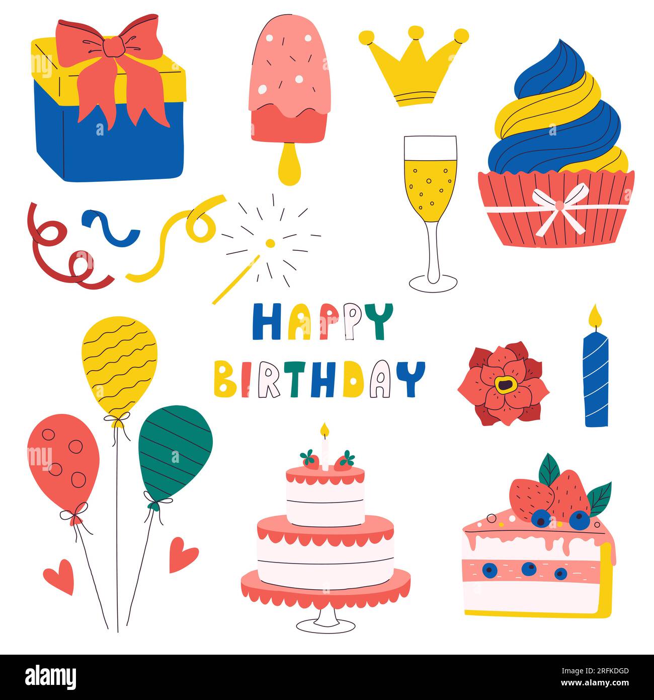 Ensemble d'élément décoratif pour fête d'anniversaire. Concevoir des objets pour événement festif, vacances, célébration, anniversaire. Style de dessin animé plat tendance. Coloré Illustration de Vecteur