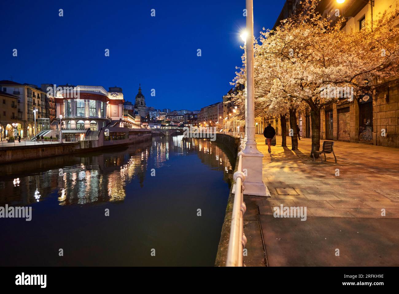 Vue sur la rivière Nervion et le marché Rivera le soir, Bilbao, Biscaye, pays Basque, Euskadi, Euskal Herria, Espagne, Europe. Banque D'Images