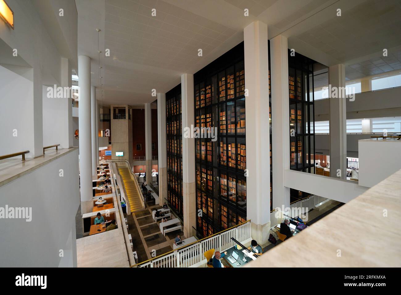 Londres, Angleterre, Royaume-Uni - 31 juillet 2022. Intérieur de la London British Library avec étagères à livres du sol au plafond, mur de livres, café et lecture des gens. Banque D'Images