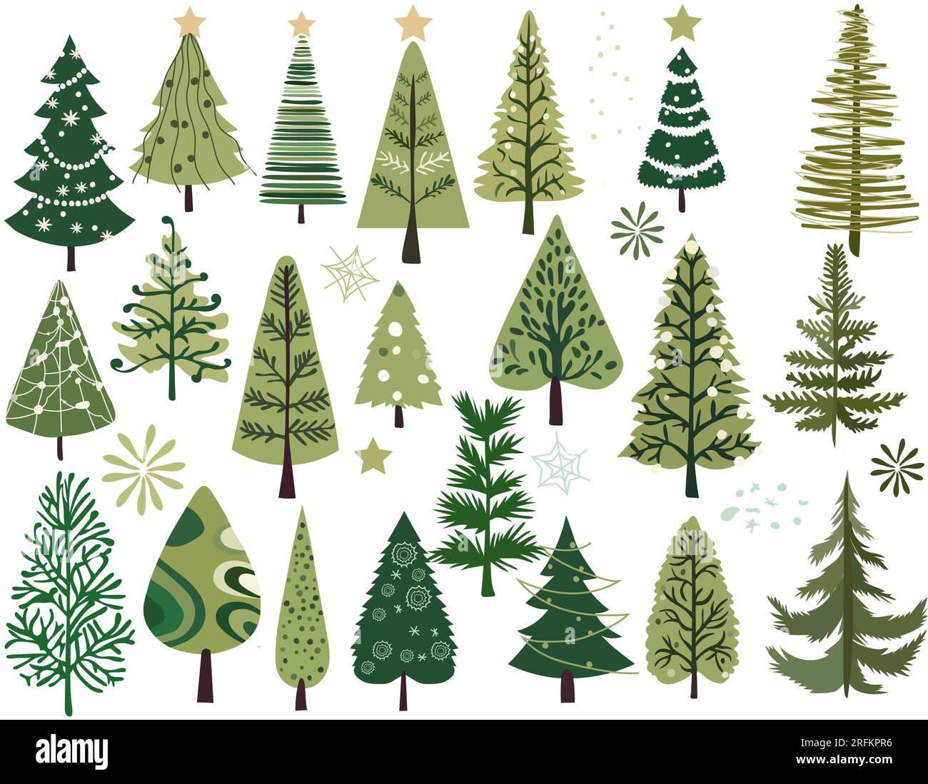 Collection vectorielle dessinée à la main d'arbres de Noël, ornée d'ornements festifs, d'étoiles, de flocons de neige. Symboles de Noël parfaits pour le web, bannière, carte. Vecteur. Illustration de Vecteur
