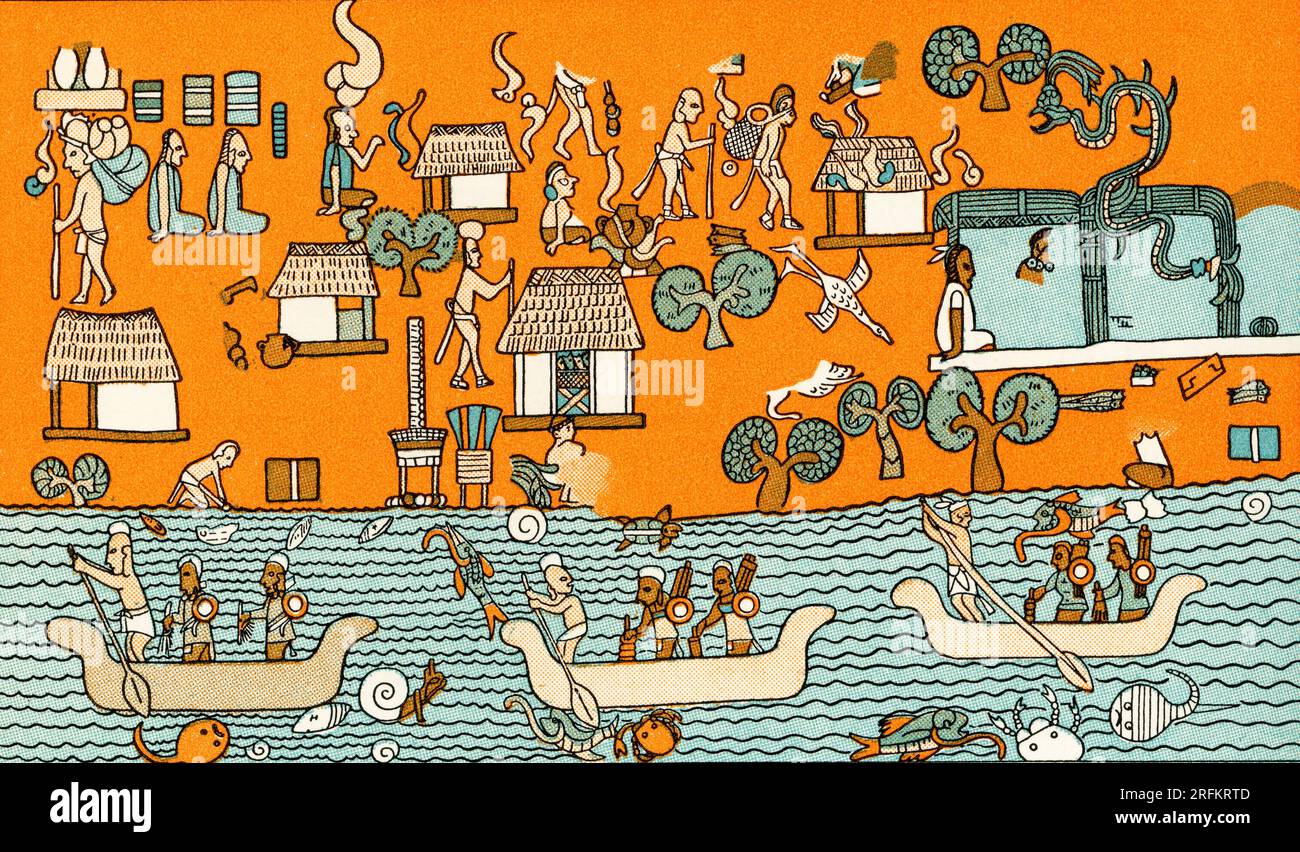 Après une fresque maya d'une ville côtière trouvée dans le Temple des guerriers, Chichen Itza, Mexique. Chichén Itzá était une grande ville précolombienne construite par le peuple maya de la période classique terminale. Banque D'Images