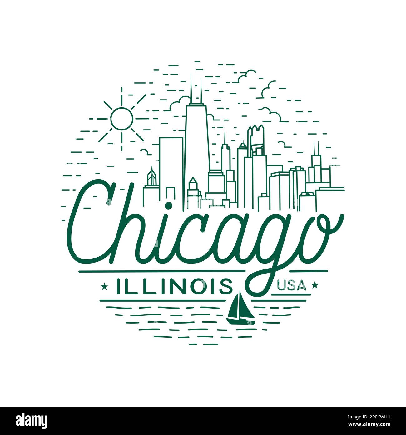Modèle de conception vectorielle de la ville de Chicago. Chicago, Illinois logo mono-ligne. Vecteur et illustration. Illustration de Vecteur
