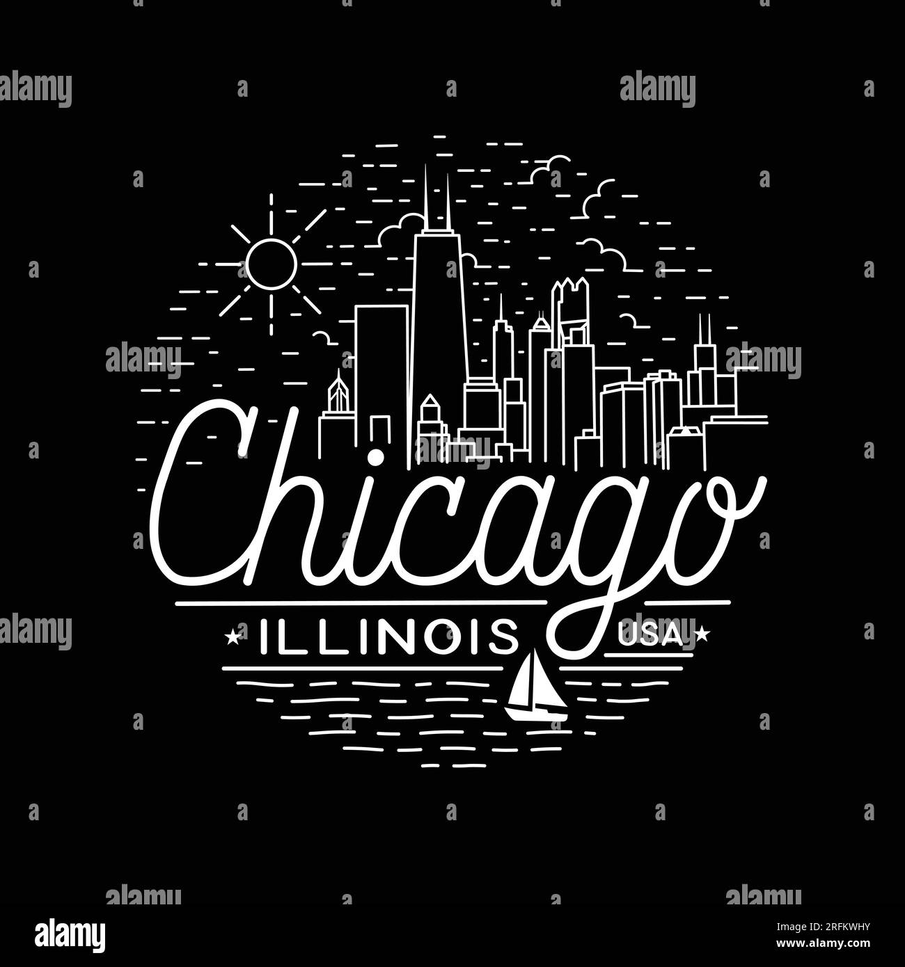Modèle de conception vectorielle de la ville de Chicago. Chicago, Illinois logo mono-ligne. Vecteur et illustration. Illustration de Vecteur