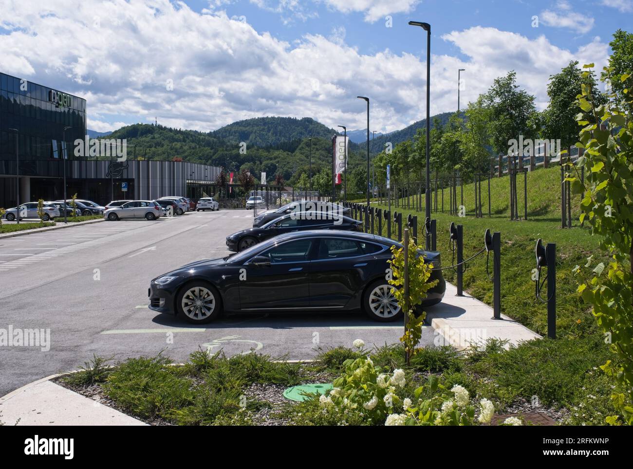 Zirovnica, Slovénie - 27 juillet 2023 : un cliché statique de diverses voitures électriques se chargeant à la station de charge AC du siège de N.Gen dans un été ensoleillé Banque D'Images