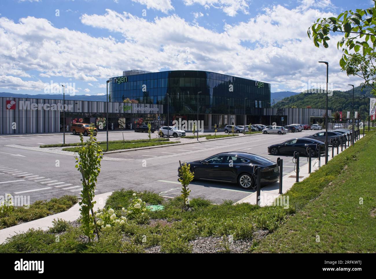 Zirovnica, Slovénie - 27 juillet 2023 : un cliché statique de diverses voitures électriques se chargeant à la station de charge AC du siège de N.Gen dans un été ensoleillé Banque D'Images