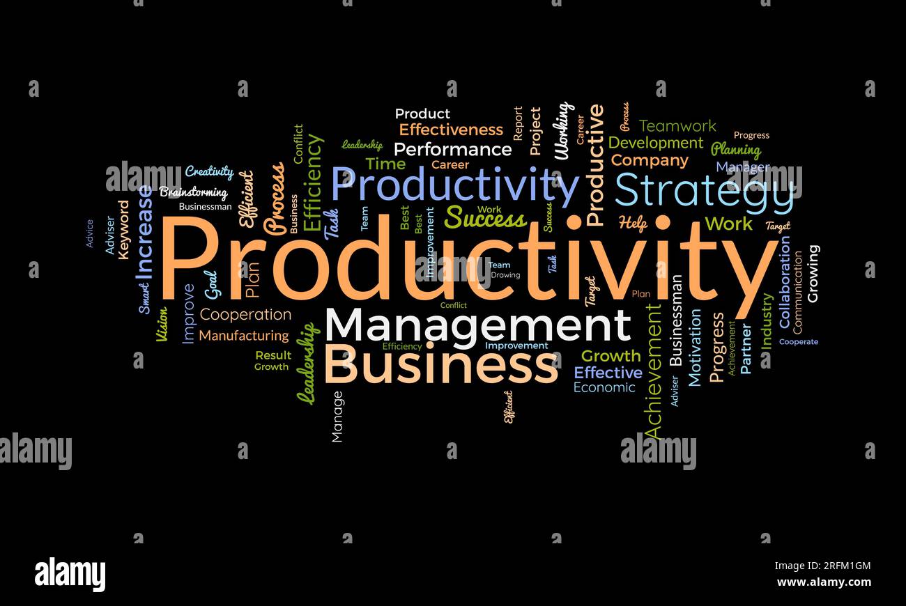 Concept d'arrière-plan Word Cloud pour la productivité. Réalisation d'entreprise, performance de progression productive de la croissance économique. illustration vectorielle. Illustration de Vecteur