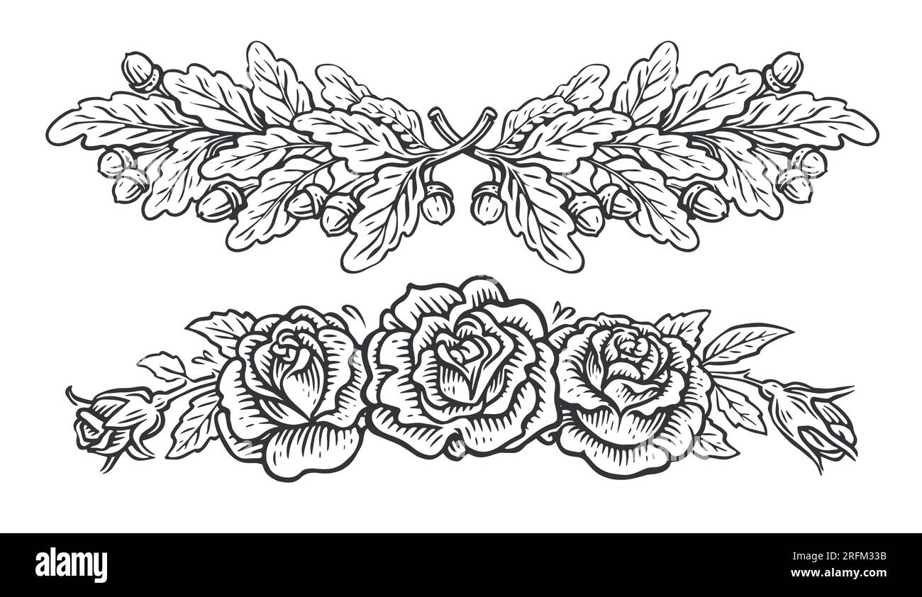 Bordure de cadre floral. Roses fleurs et branches de chêne avec glands et feuilles. Illustration vectorielle d'esquisse de motif vintage Illustration de Vecteur