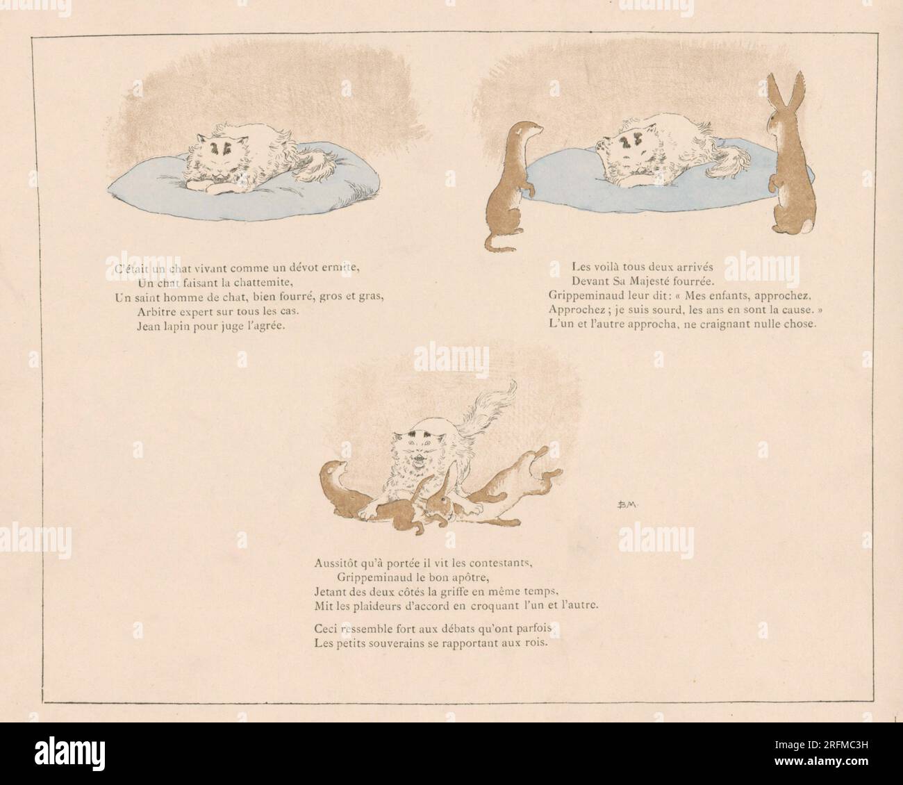 Le chat, la belette et le petit lapin, assiette III Planche illustrée par Louis-Maurice Boutet de Monvel et publiée dans 'la Fontaine : fables choisies pour les enfantss' par Plon, Nourrit et Cie (Paris), en 1888. Banque D'Images