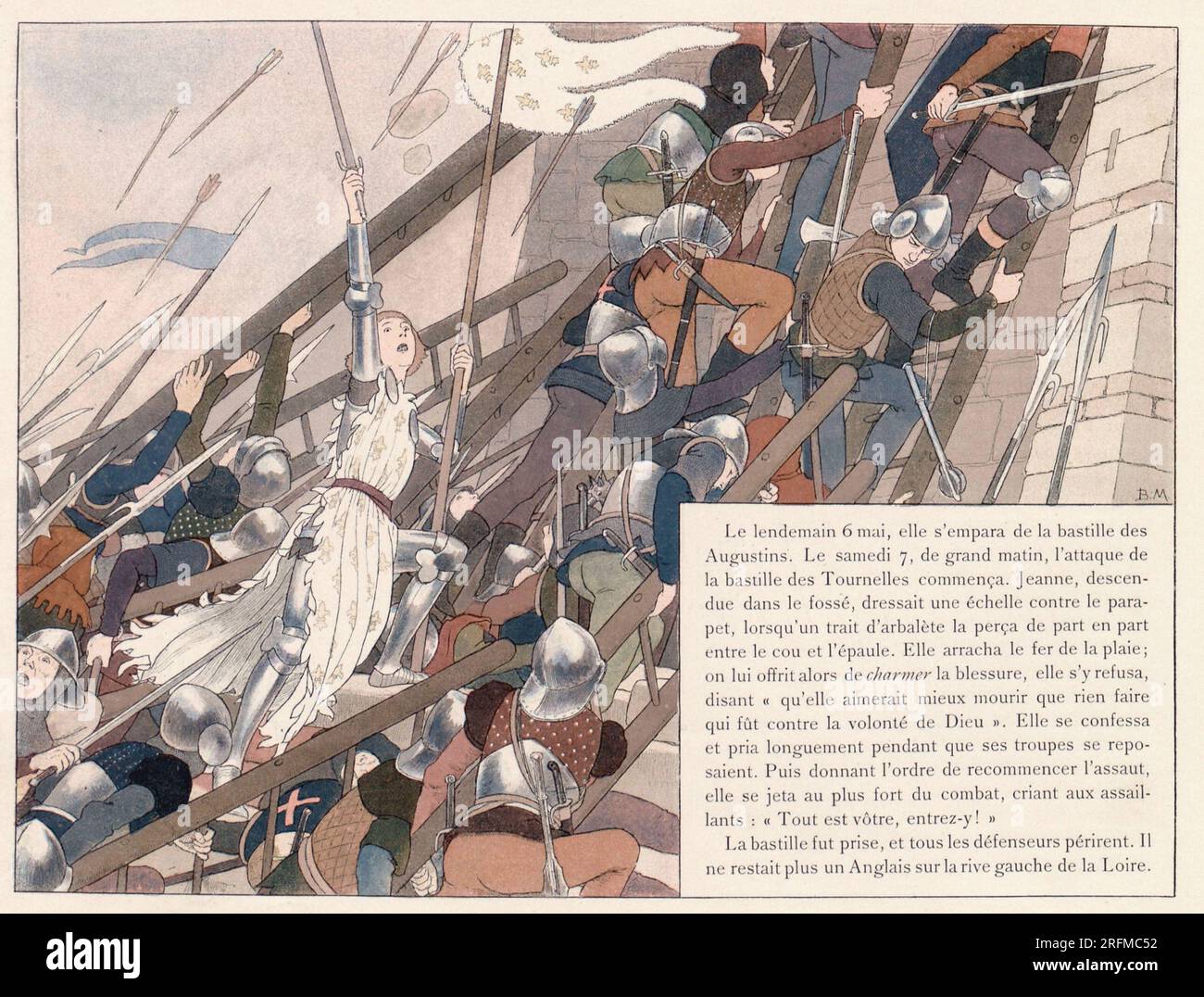 Jeanne d'Arc et ses troupes prennent d'assaut la bastille des Augustins. Illustration publiée dans le livre 'Jeanne d'Arc' de Louis-Maurice Boutet de Monvel, publié par Plon, Nourrit & Cie en 1896. Banque D'Images