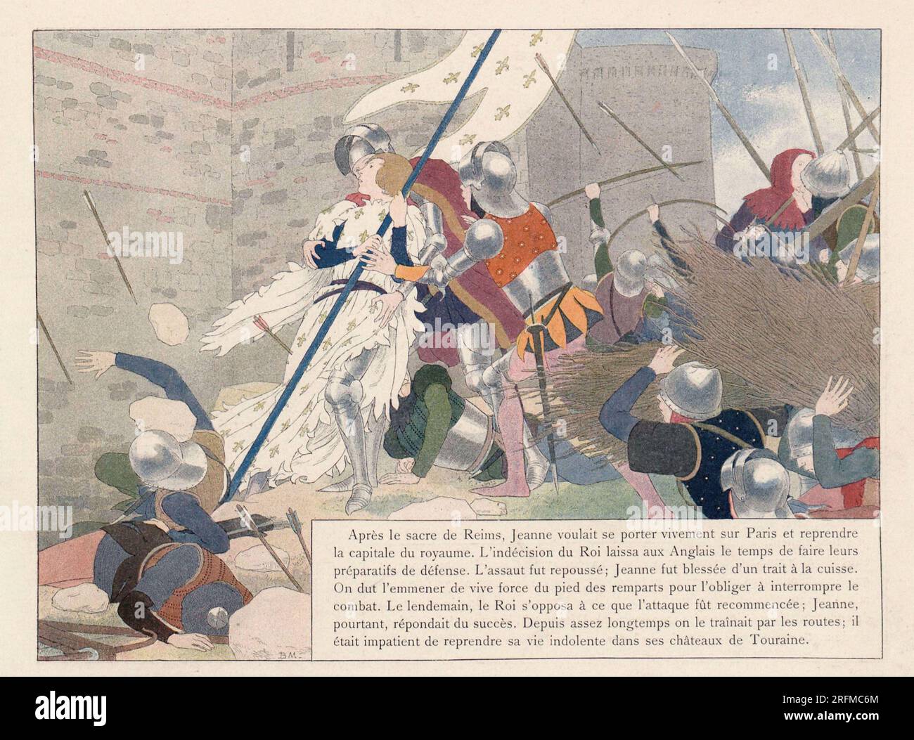 Blessée, Jeanne d'Arc a été retirée des combats contre sa volonté. Illustration publiée dans le livre 'Jeanne d'Arc' de Louis-Maurice Boutet de Monvel, publié par Plon, Nourrit & Cie en 1896. Banque D'Images
