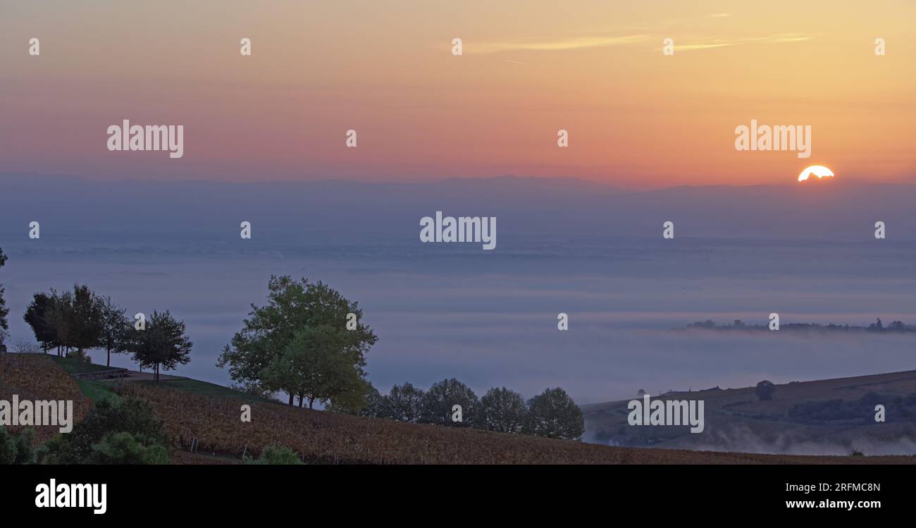 France, Saône-et-Loire (71), Solutré-Pouilly, lever du jour et mer de nuage sur le Mâconnais, vue depuis la roche de Solutré / France, Saône-et-Loire Solutré-Pouilly, lever du jour et mer de nuages sur le Mâconnais, vue depuis le rocher de Solutré Banque D'Images
