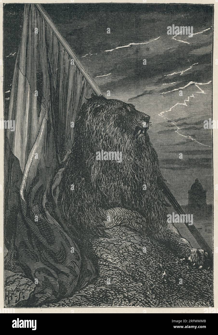 La bête repose fatiguée sur le sol Livre V, chapitre V Illustrator : T. Schuler Illustration tirée d'un ensemble de gravures publiées dans le volume XIV des "oeuvres complètes" de Victor Hugo dont "l'année terrible". Ouvrage publié en 1853. Banque D'Images
