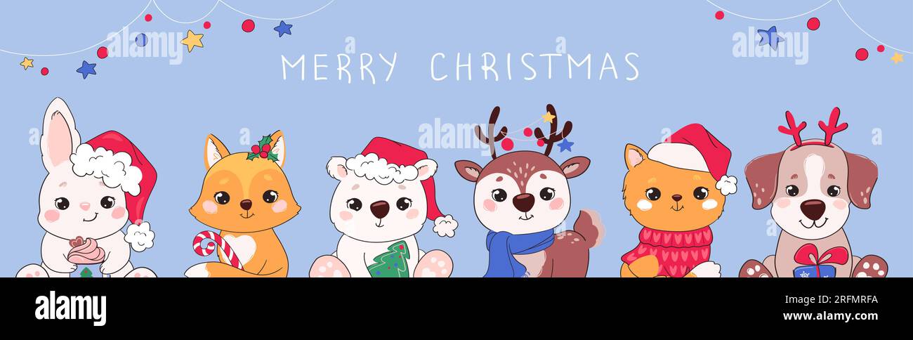 Bannière mignonne de Noël avec des animaux. Personnages de dessins animés drôles sur la bannière horizontale de la nouvelle année Web. Cerf, chiot, chaton, renard, lièvre, Oursons et décorations de Noël. Vecteur dans un style plat sur un bleu. Illustration de Vecteur