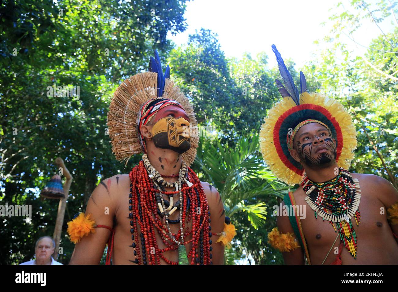 porto seguro, bahia, brésil - 1 août 2023 : les Indiens Etina Pataxo vus pendant le festival Aragwaka dans le village de Jaqueira dans la ville de Porto Segu Banque D'Images