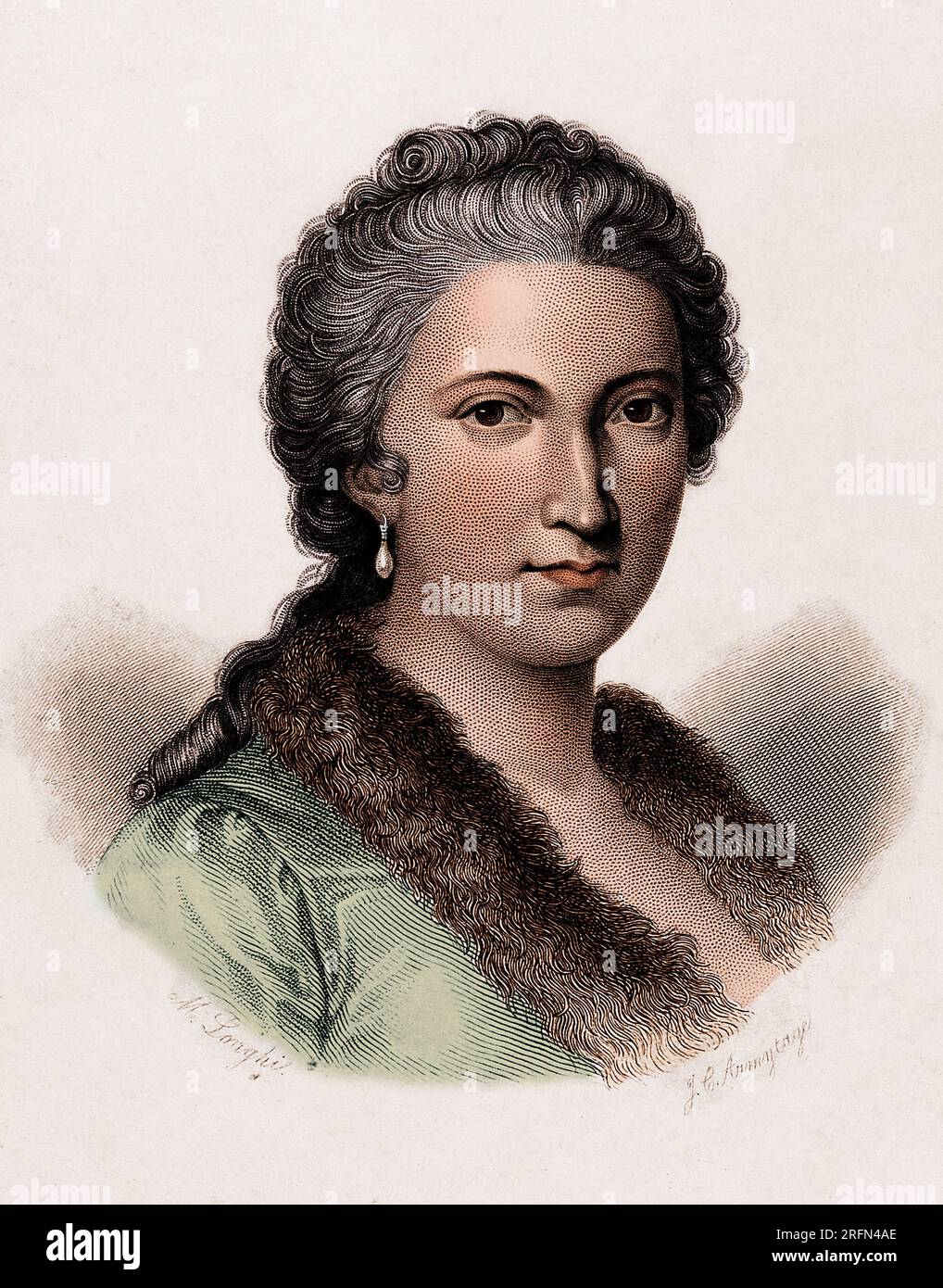 Portrait de Maria Gaetana Agnesi (1718-1799), mathématicienne et philosophe italienne, qui fut la première femme à écrire un manuel de mathématiques et la première femme professeur de mathématiques dans une université. Elle