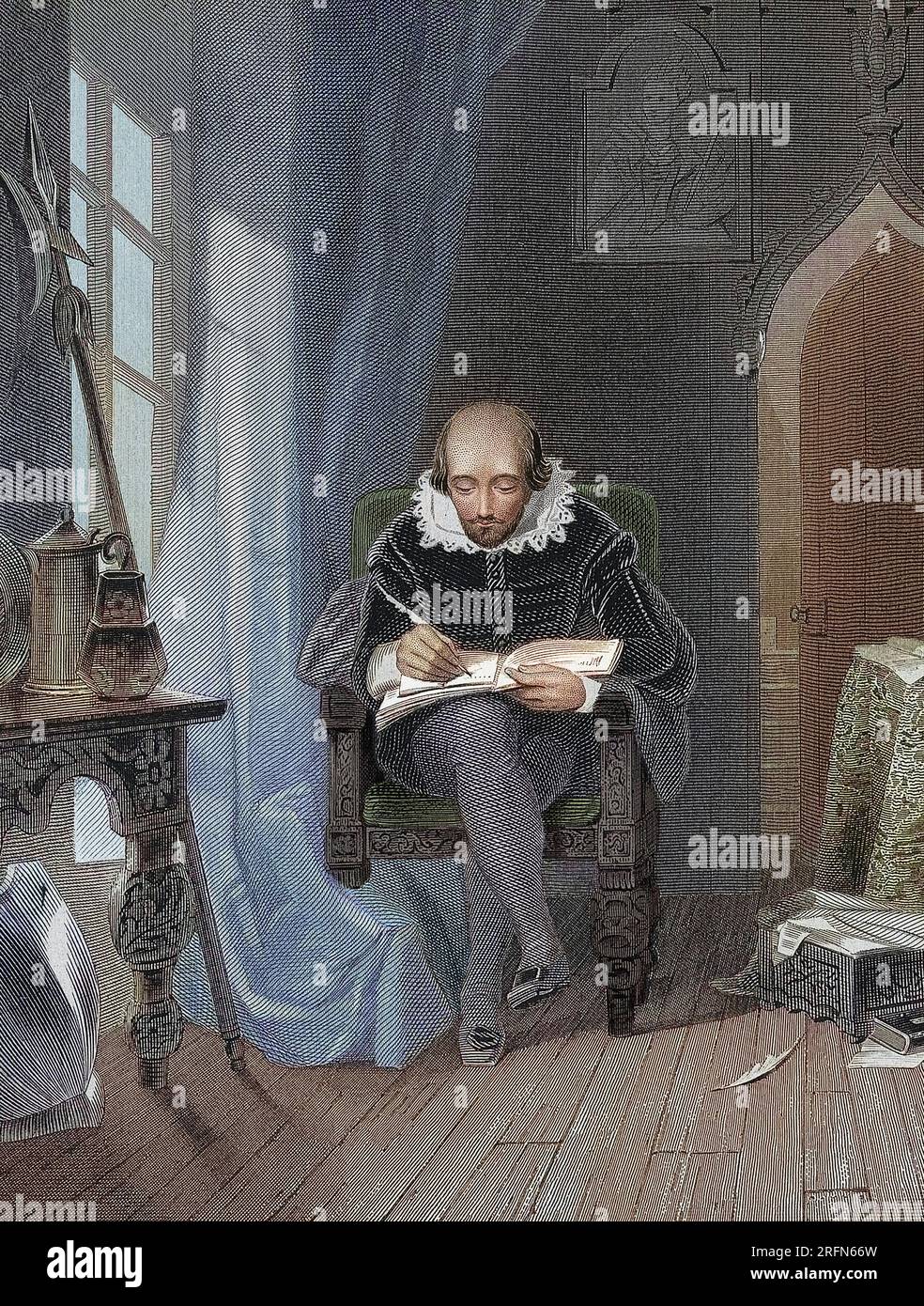 William Shakespeare (baptisé le 26 avril 1564 - 23 avril 1616), poète et dramaturge anglais. Gravure au trait, gravure en pointillés et gravure sur papier tissé par Albert Henry Payne, 1812-1902, d'après Lilburne Hicks, actif 1830-1861. Colorisé. Banque D'Images