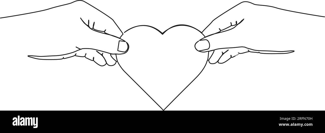 dessin continu à une seule ligne de deux mains tenant le cœur, l'amour et l'illustration vectorielle d'art de ligne de romance Illustration de Vecteur