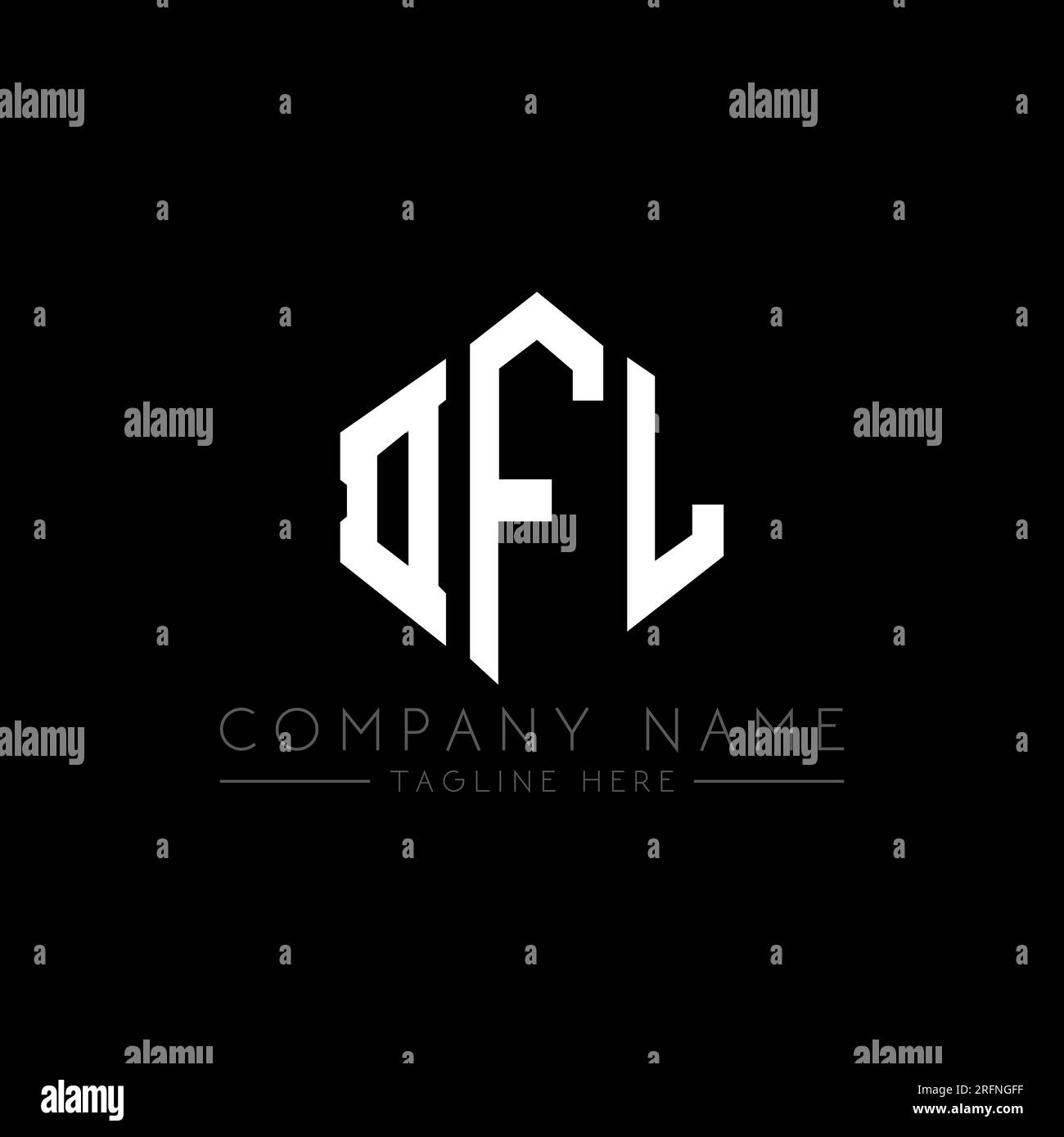 Logo de lettre DFL avec forme de polygone. Design de logo en forme de polygone et de cube DFL. Modèle de logo vectoriel hexagone DFL couleurs blanches et noires. DFL monogr Illustration de Vecteur