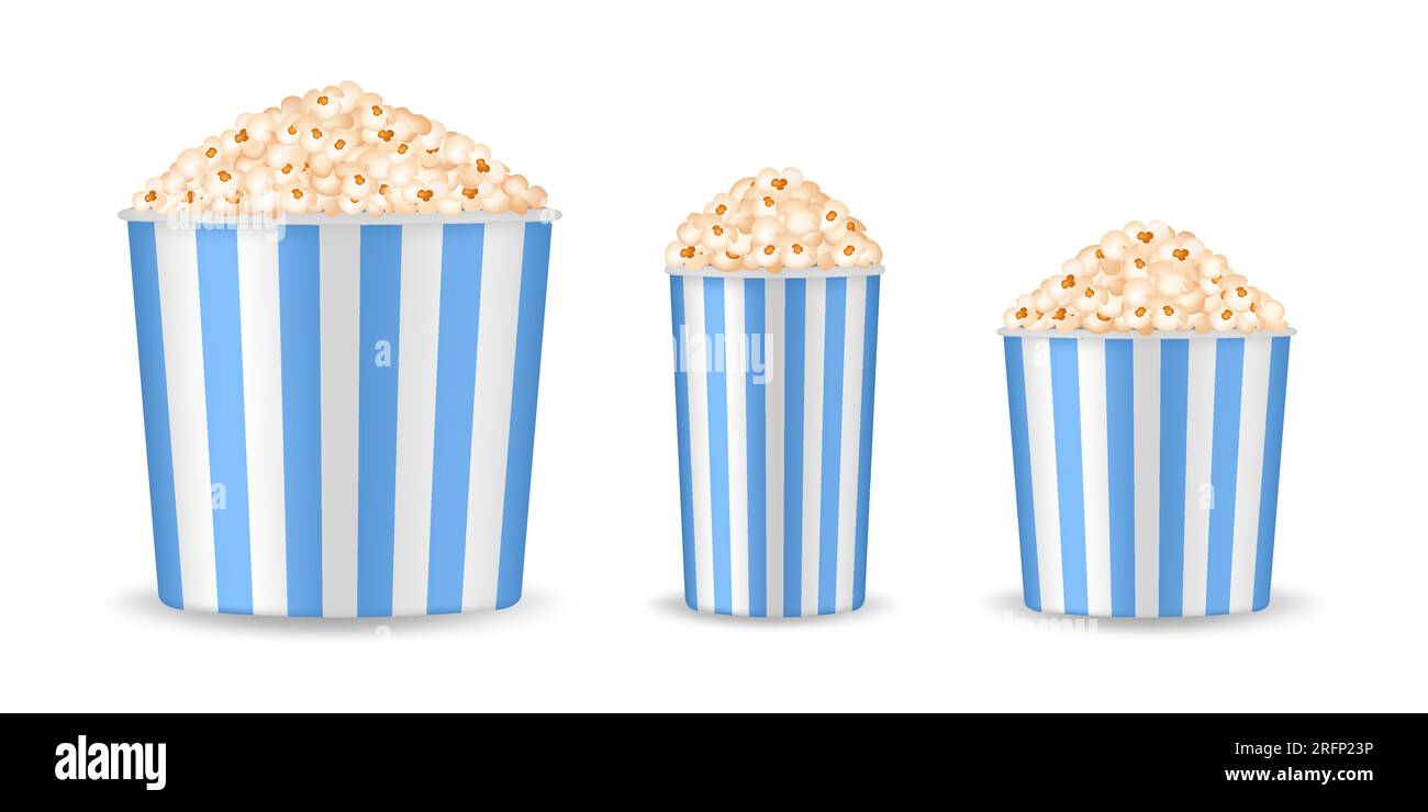 Jeu de seaux à pop-corn. Snack cinéma. C'est l'heure du cinéma ! Boîte à papier rayée. Bol à pop-corn. Gobelet en papier rayé bleu et blanc Illustration de Vecteur
