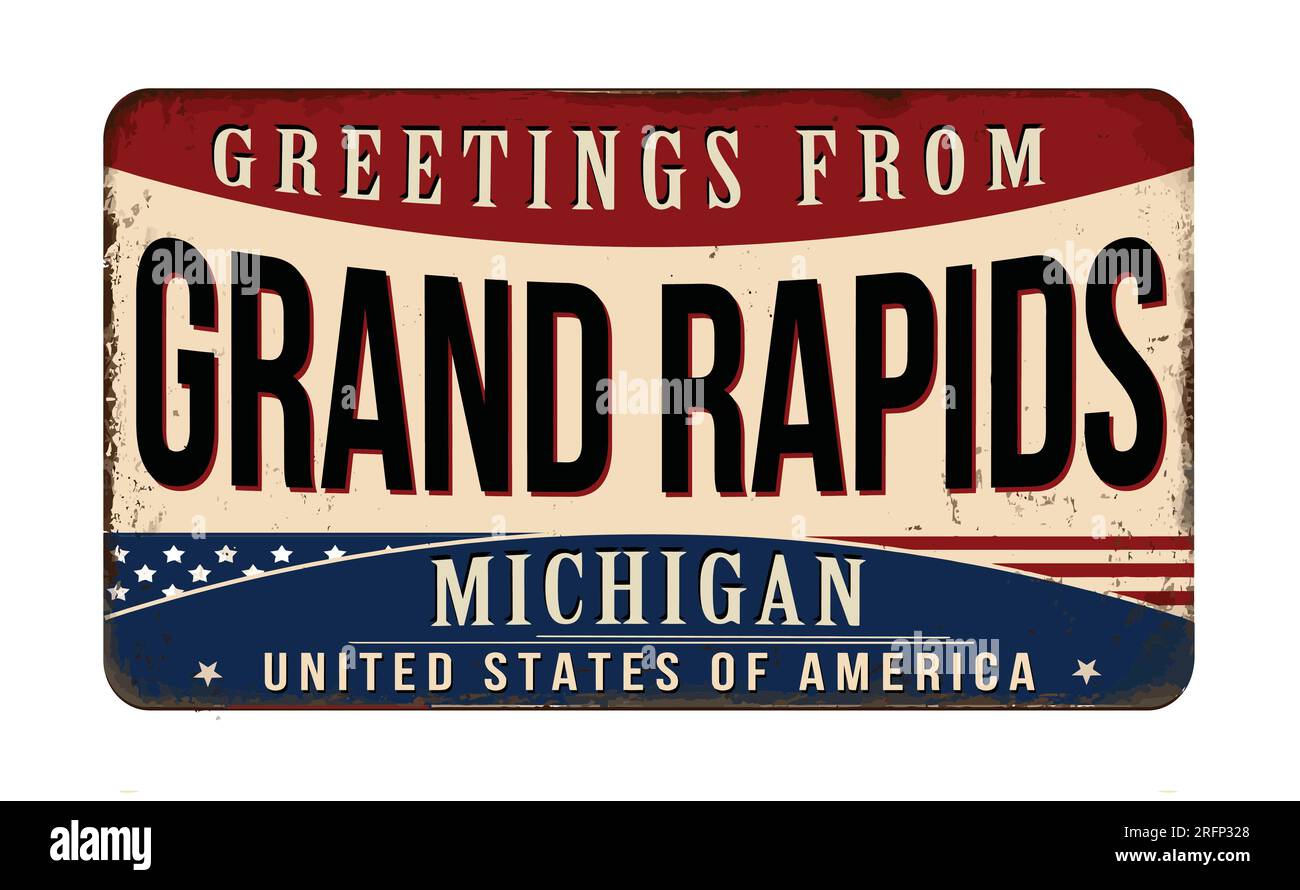Salutations de Grand Rapids vintage signe en métal rouillé sur un fond blanc, illustration vectorielle Illustration de Vecteur