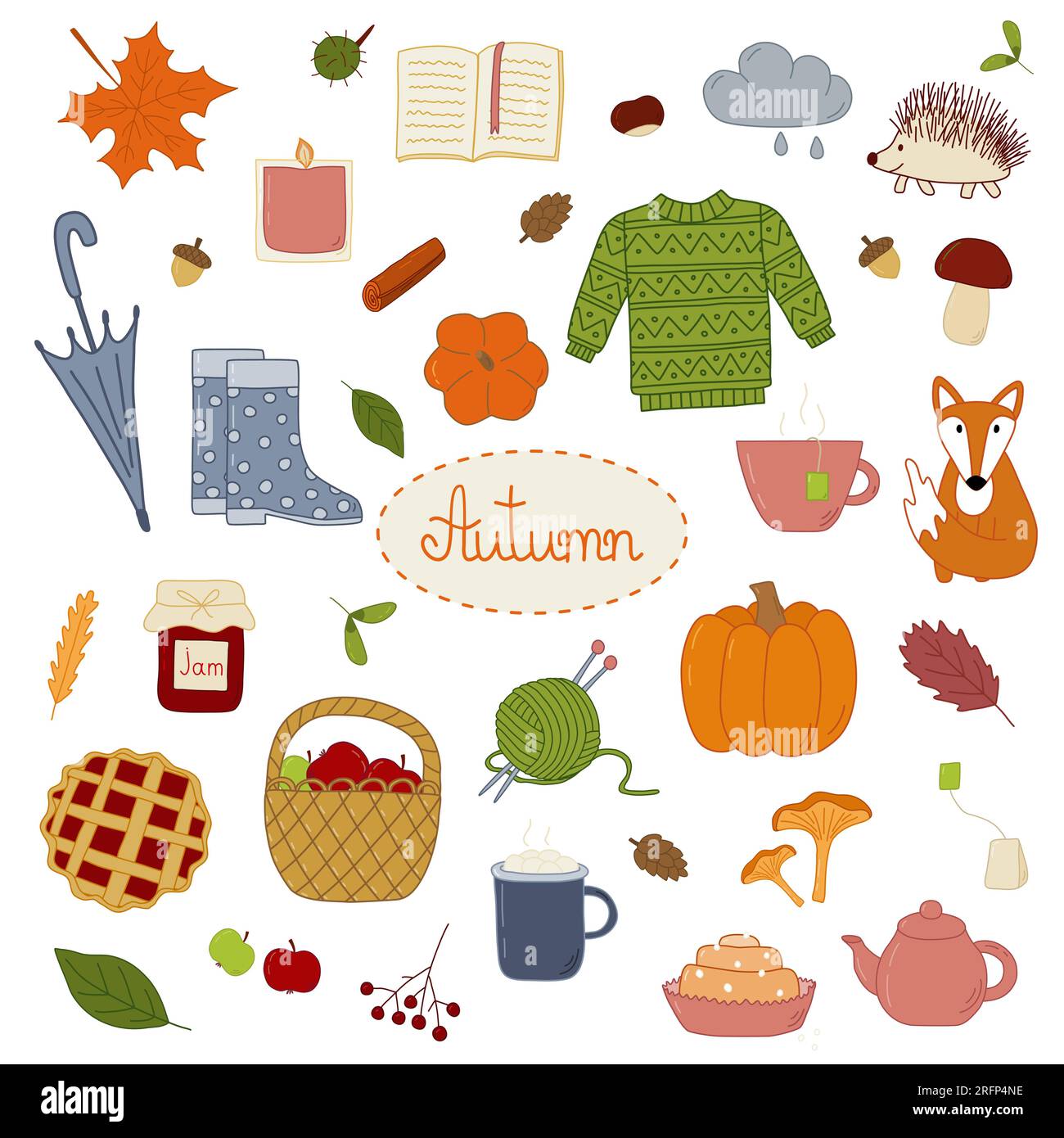 Ensemble d'automne coloré dans le style doodle, choses d'automne confortables, illustration vectorielle Illustration de Vecteur