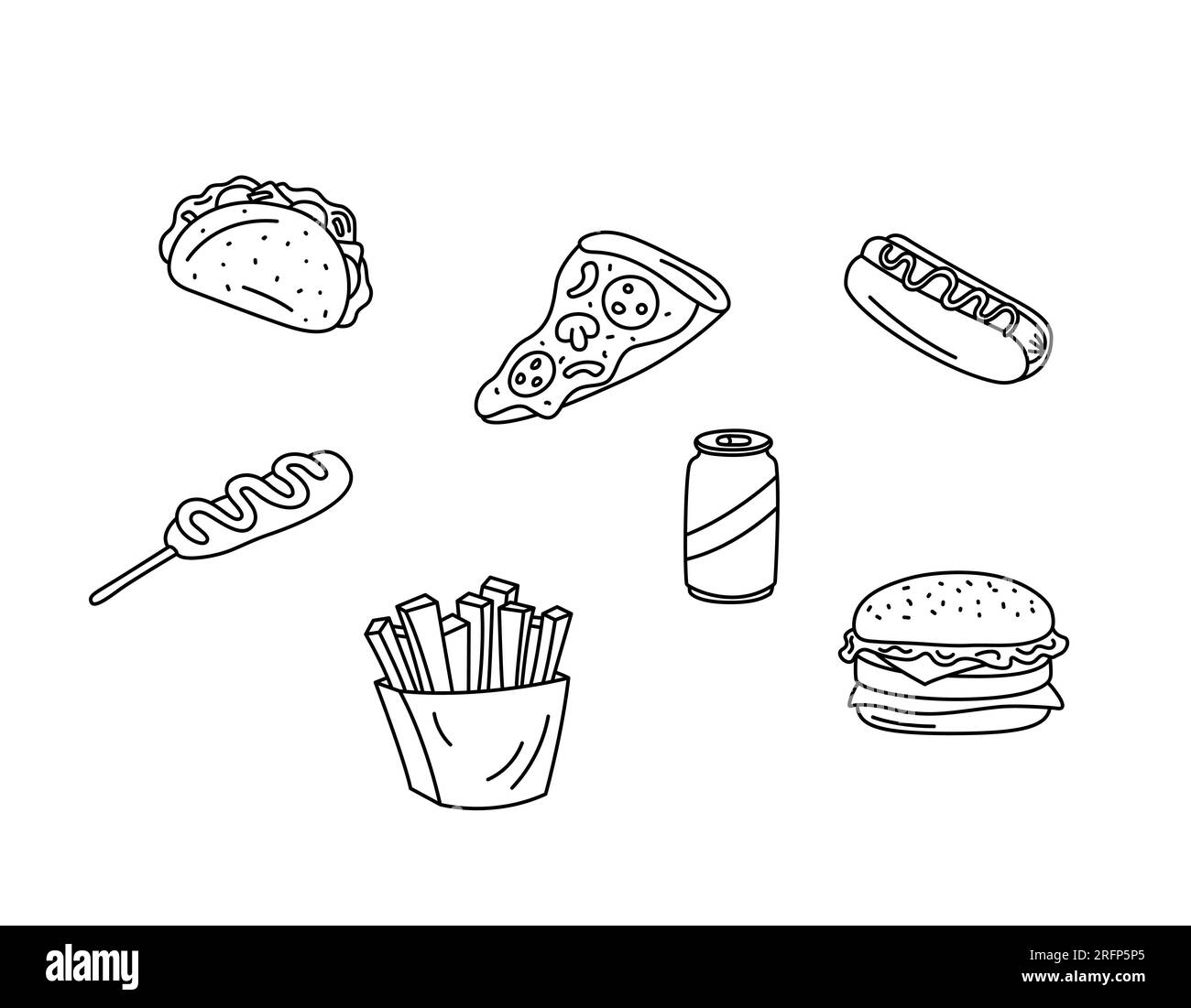 Ensemble de grillades vectorielles de restauration rapide. Éléments fastfood isolés noir sur fond blanc. Illustration de contour dessiné à la main de hot-dog, frites, cheeseburger Illustration de Vecteur
